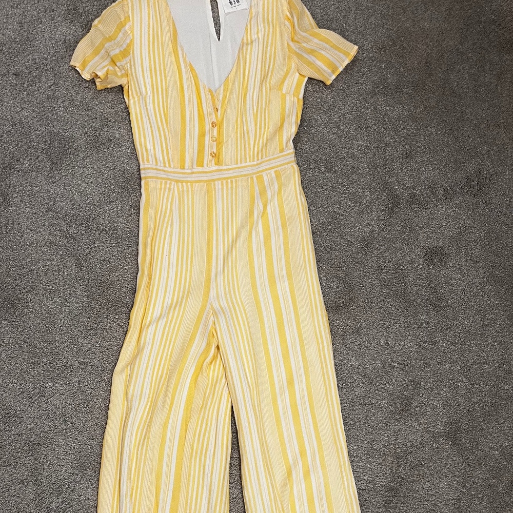 Yellow and white stripe short sleeve romper pants , size s